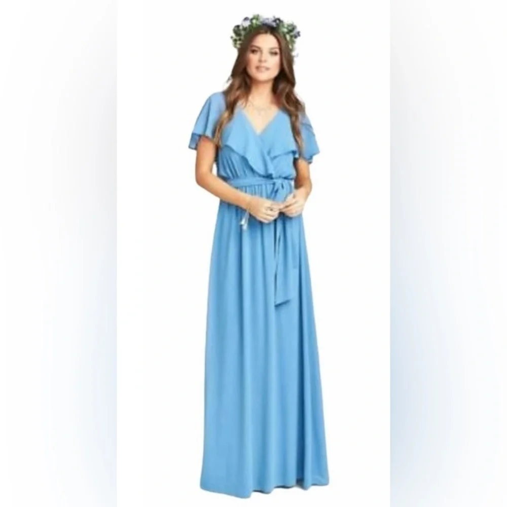 Show Me Your Mumu NWT Audrey Maxi Dress Slate Blue Chiffon Ruffle Tie Size XS